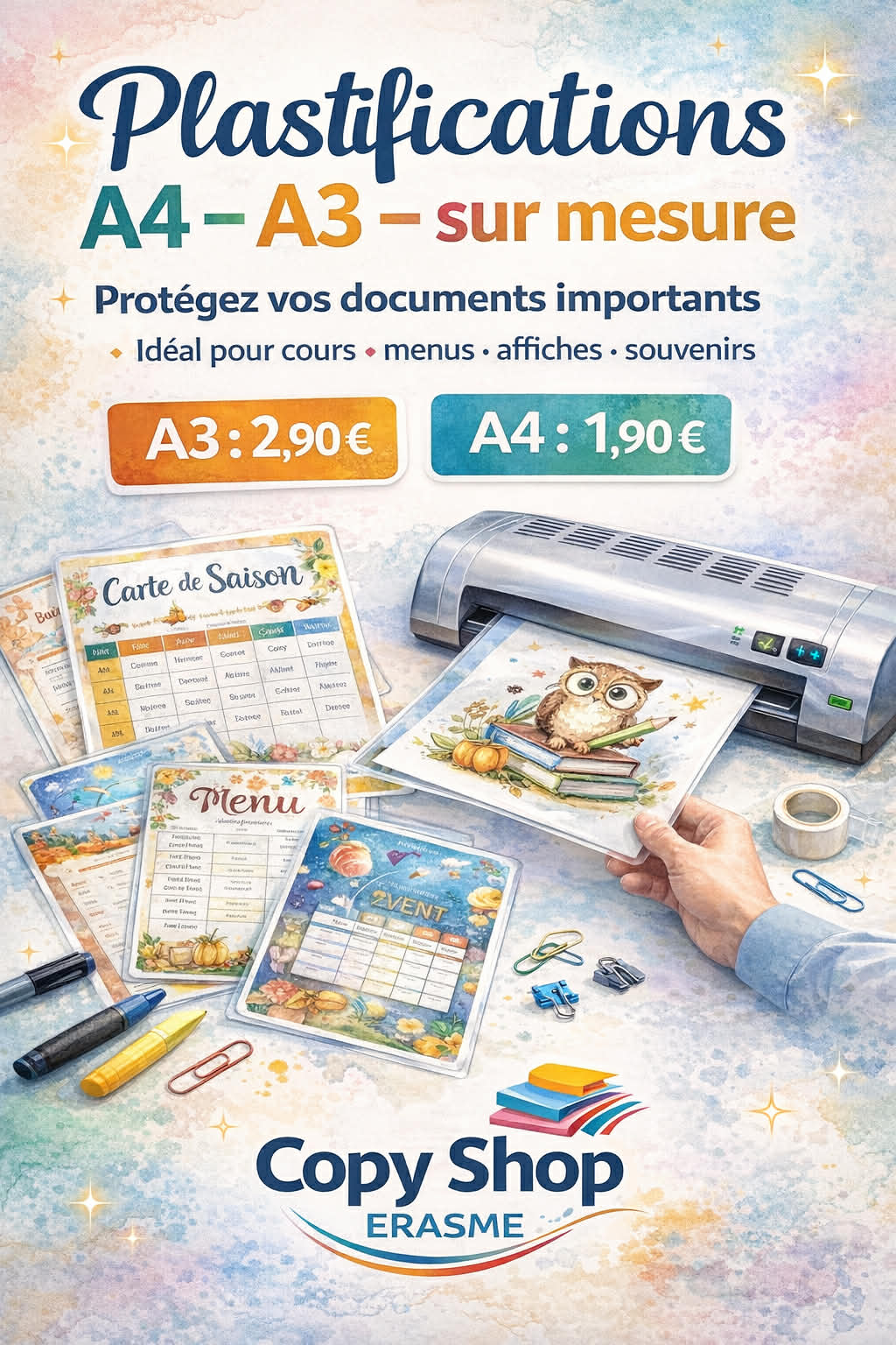 plastification A4 A3 copyshop erasme